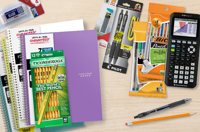 Picture of pens, pencils, notebooks, and calculator. Shop Supply Must Haves.